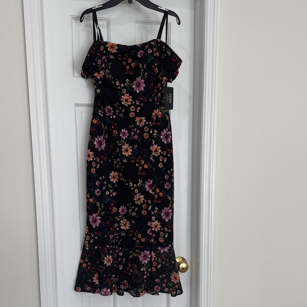 Guess Black and Pink Floral Midi Dress